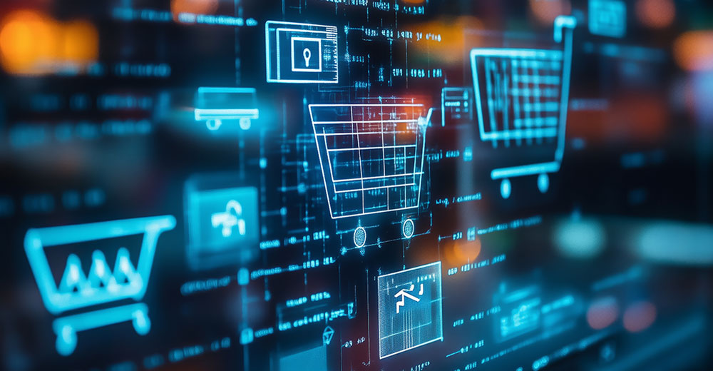 Agentic AI and social media integration in retail shown through digital shopping carts and real-time data overlays for enhanced customer experience.