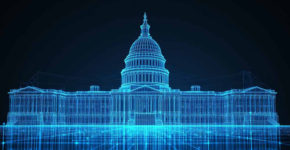 Digital wireframe of U.S. Capitol with AI grid overlay, symbolizing how artificial intelligence is transforming government contracting and CRM tools for small businesses.