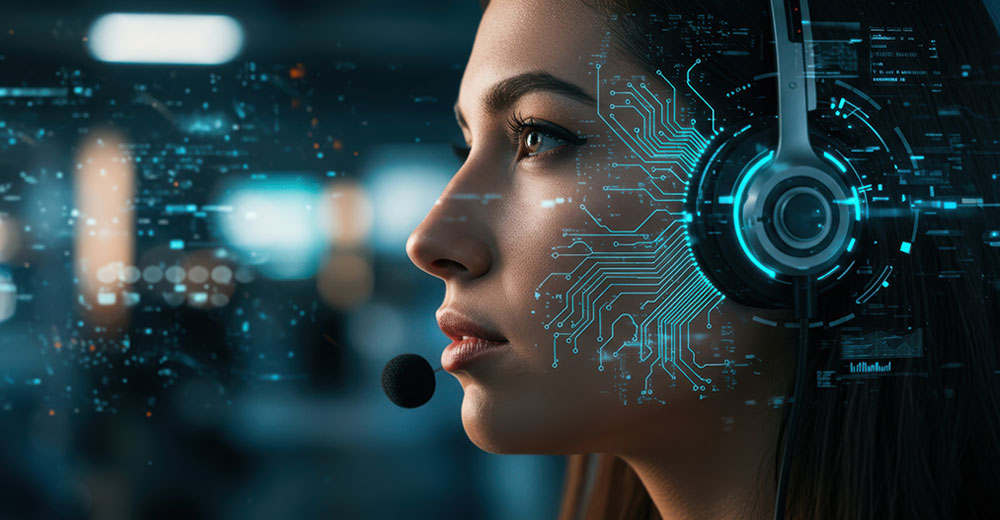 Customer service agent wearing a headset with subtle AI circuit graphics, symbolizing how AI enhances human interactions in customer experience.