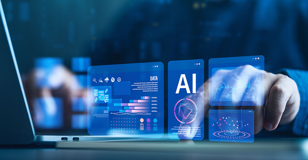 AI-enabled CRM dashboard with data and analytics panels on a laptop screen.