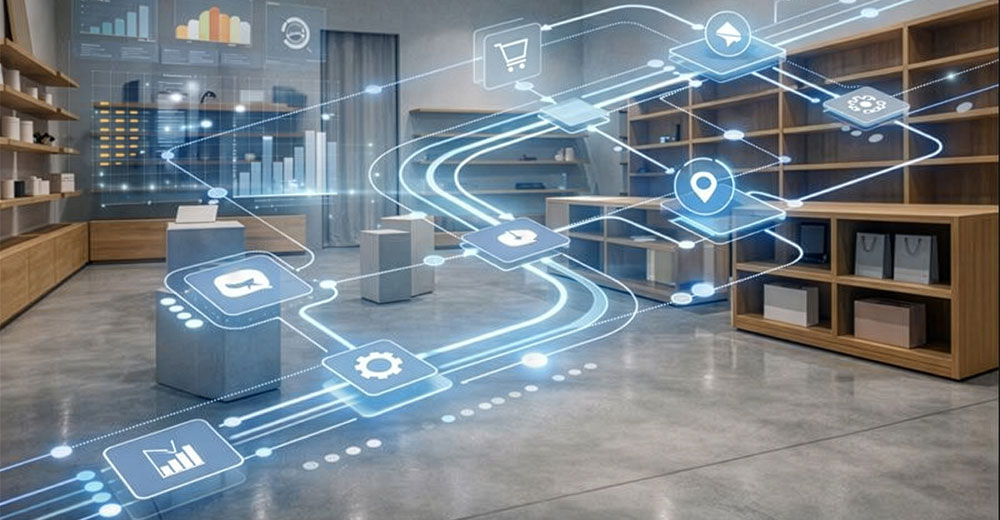 simulated customer journey layered over a physical retail environment
