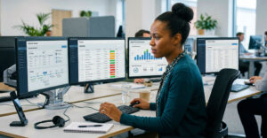 Customer service agent working across multiple dashboards and systems on dual monitors