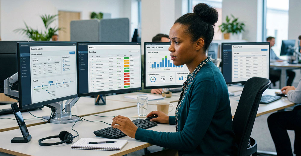 Customer service agent working across multiple dashboards and systems on dual monitors