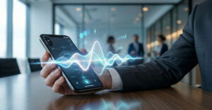 Smartphone displaying AI voice waveform with digital interface elements in a business meeting setting