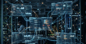 Fragmented enterprise data systems with multiple dashboards connected by network lines in a server environment