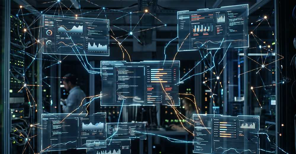 Fragmented enterprise data systems with multiple dashboards connected by network lines in a server environment