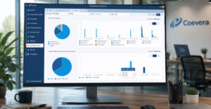Coevera CRM dashboard displayed on a computer monitor in an office, highlighting AI integrations and interoperability tools